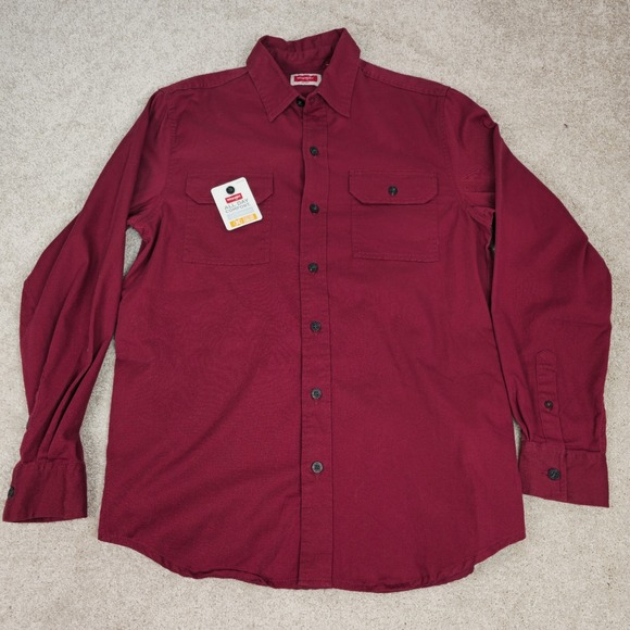 Wrangler Mens Small Button Up Long Sleeve Shirt Maroon Solid Red All Day Comfort - Picture 1 of 7